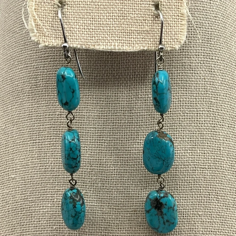 Sally C Treasures SX Sterling Silver Turquoise Dangle Earrings 925 Estate - Picture 13 of 17